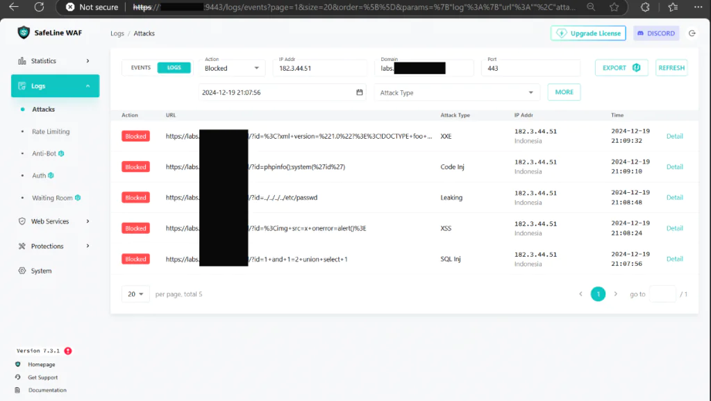 Safeline WAF Melindungi Website Deny