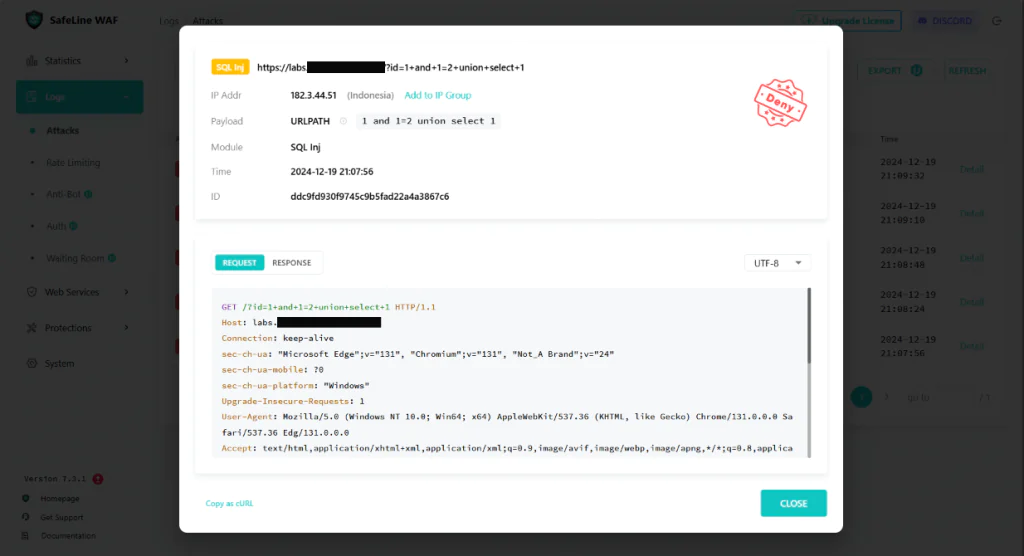 Safeline WAF Melindungi Website Deny