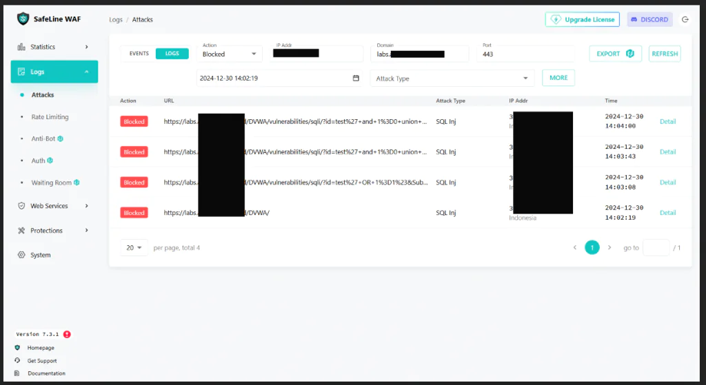 Pengujian SQL Injection Safeline Deny