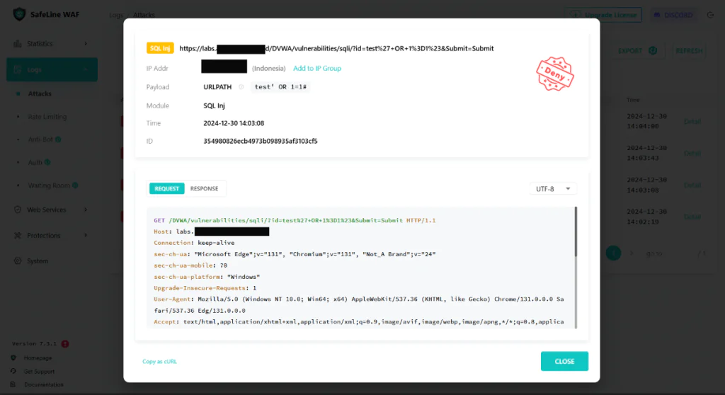 Pengujian SQL Injection Safeline Deny