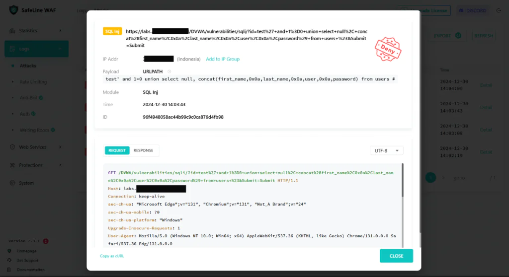 Pengujian SQL Injection Safeline Deny