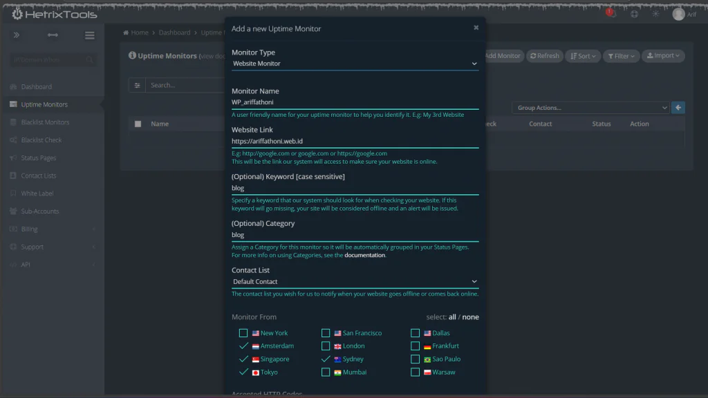 Monitoring Uptime Website HetrixTools