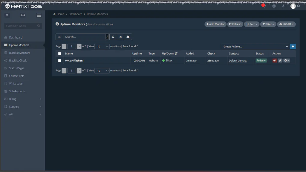 Monitoring Uptime Website HetrixTools